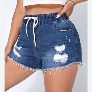 Shein Curve Denim Blue Distressed Drawstring Ripped Raw Cut Shorts 2XL